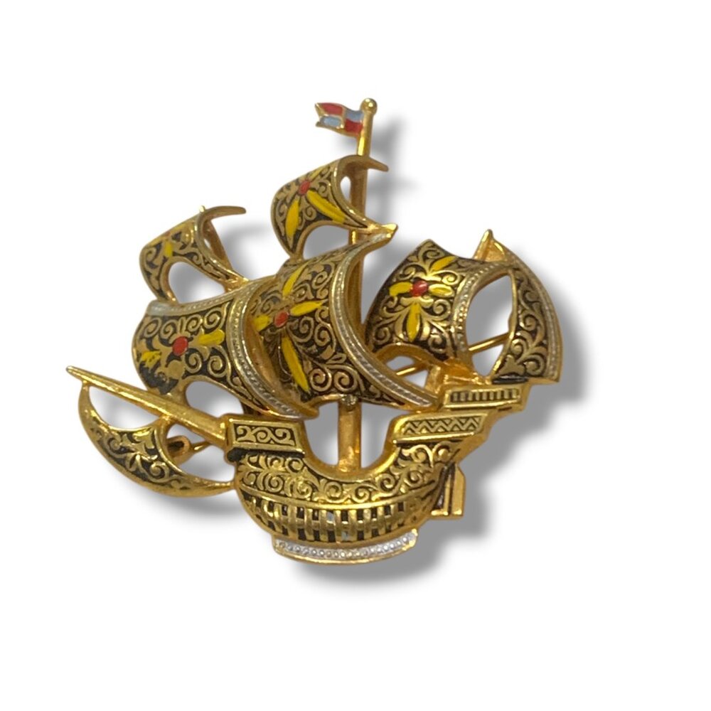 Vintage Gold-Tone Ship Brooch Pin With Filigree Design & Enamel‎ Details